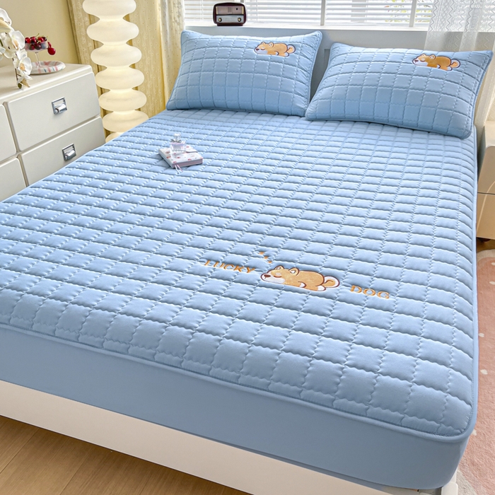 91家纺网 家纺一手货源 找家纺 鑫钰 2024新夹款刺绣大豆纤维床笠-幸运狗系列 幸运狗-湖水蓝