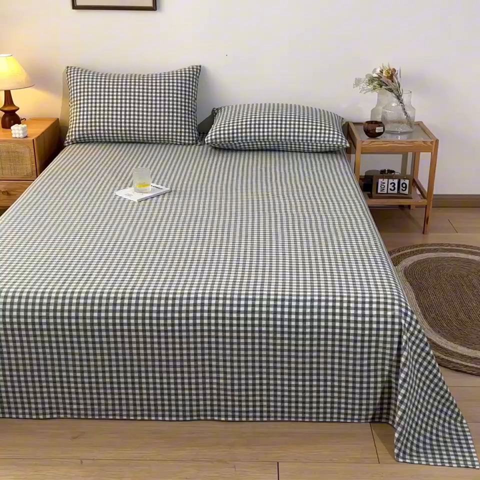 91家纺网 家纺一手货源 找家纺 卡伦家纺 2025新款全棉色织水洗棉床单学生宿舍单人双人床单系列绿小格