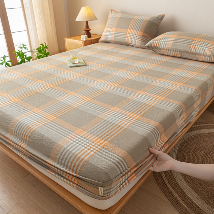 91家纺网 家纺一手货源 找家纺 卡伦家纺 2025全棉色织水洗棉单层床笠席梦思保护套 错格咖