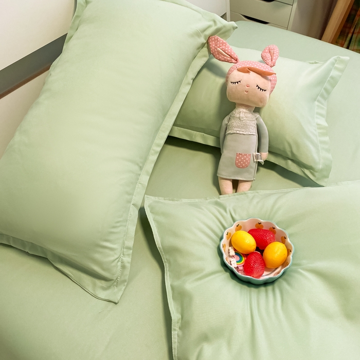 91家纺网 家纺一手货源 找家纺 悦织湾家纺 2025新款纯色床单款芦荟棉四件套 格林绿