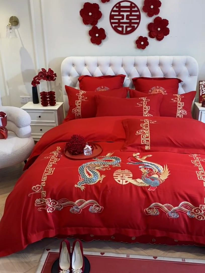 91家纺网 家纺一手货源 找家纺 玉雅家纺 2025新款玉雅时尚磨毛刺绣床单款系列婚庆套件 床单绣花款-龙章凤彩