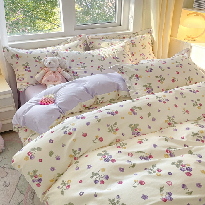 91家纺网 家纺一手货源 找家纺 2024新款全棉小清新印花单品套件--四件套 樱桃可可