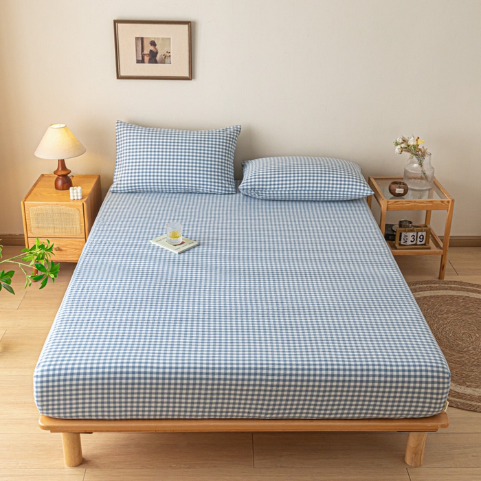 91家纺网 家纺一手货源 找家纺 卡伦家纺 2025全棉色织水洗棉单层床笠席梦思保护套 浅蓝小格