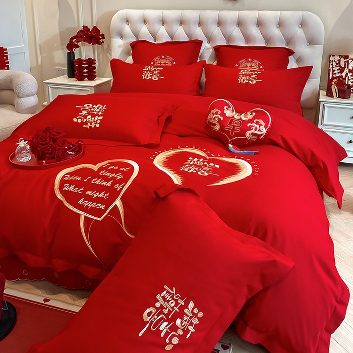 91家纺网 家纺一手货源 找家纺 玉雅家纺 2025新款玉雅时尚磨毛刺绣床单款系列婚庆套件 床单绣花款-怦然心动