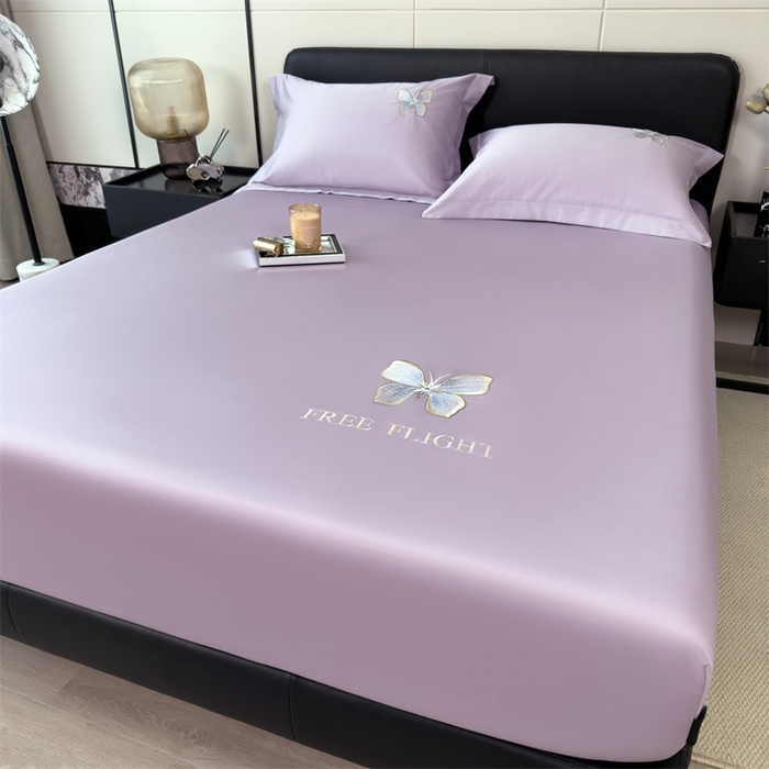 91家纺网 家纺一手货源 找家纺 鑫钰 2024秋冬新款全棉刺绣单层床笠单件枕套三件套-蝶舞 蝶舞-浅紫