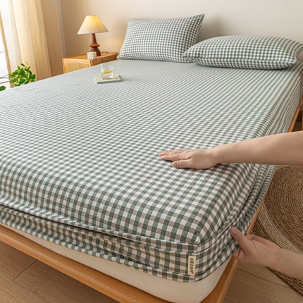 卡伦家纺 2025全棉色织水洗棉单层床笠席梦思保护套 绿小格