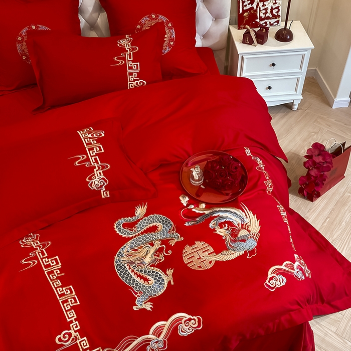 91家纺网 家纺一手货源 找家纺 玉雅家纺 2025新款玉雅时尚磨毛刺绣床单款系列婚庆套件 床单绣花款-龙章凤彩