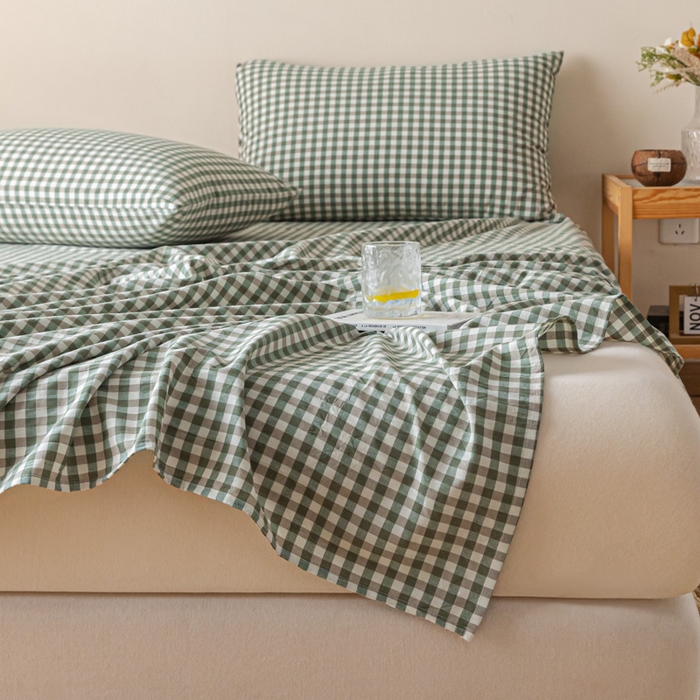 91家纺网 家纺一手货源 找家纺 卡伦家纺 2025新款全棉色织水洗棉床单学生宿舍单人双人床单系列绿小格