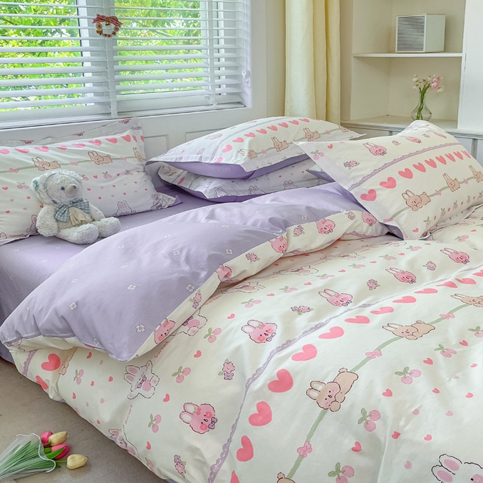 91家纺网 家纺一手货源 找家纺 2024新款全棉小清新印花单品套件--四件套 小兔念念