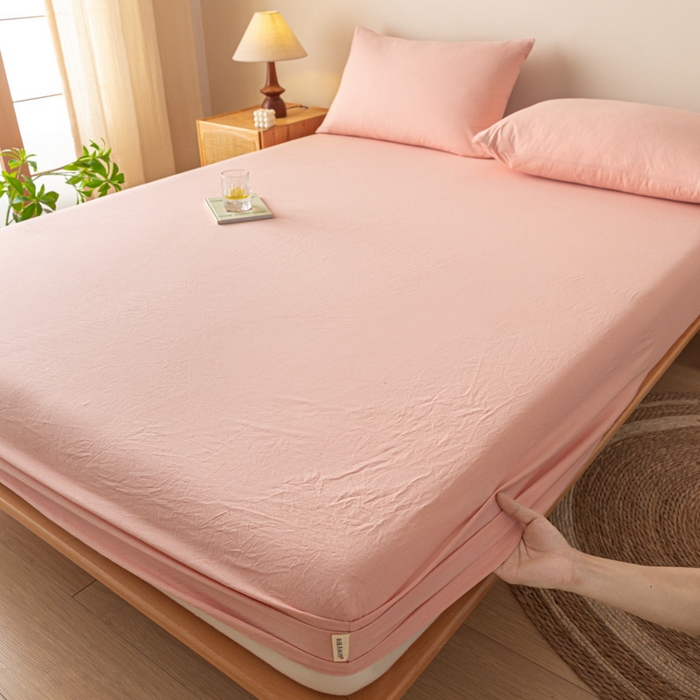 91家纺网 家纺一手货源 找家纺 卡伦家纺 2025全棉色织水洗棉单层床笠席梦思保护套 粉青年