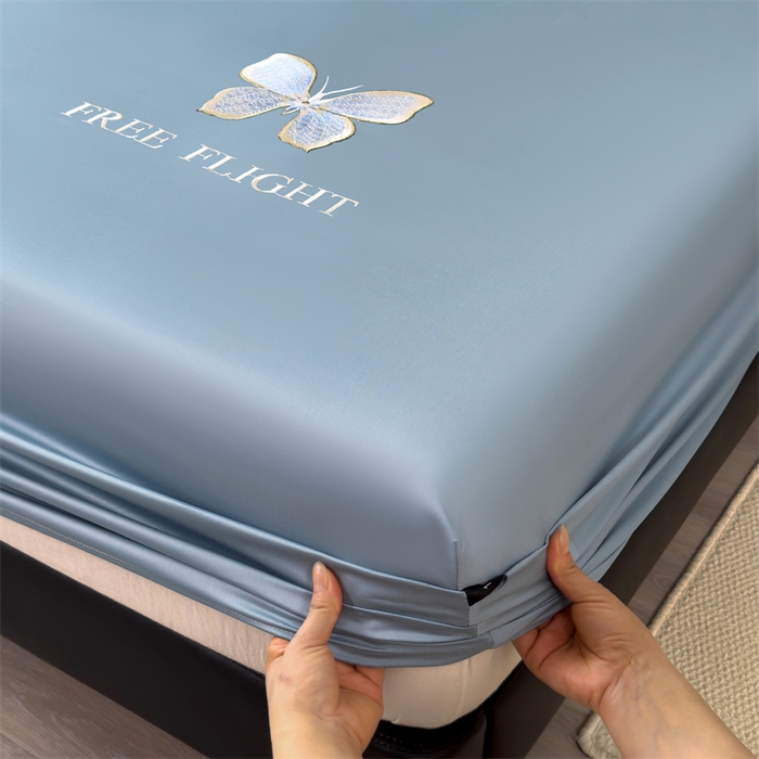 91家纺网 家纺一手货源 找家纺 鑫钰 2024秋冬新款全棉刺绣单层床笠单件枕套三件套-蝶舞 蝶舞-水平蓝