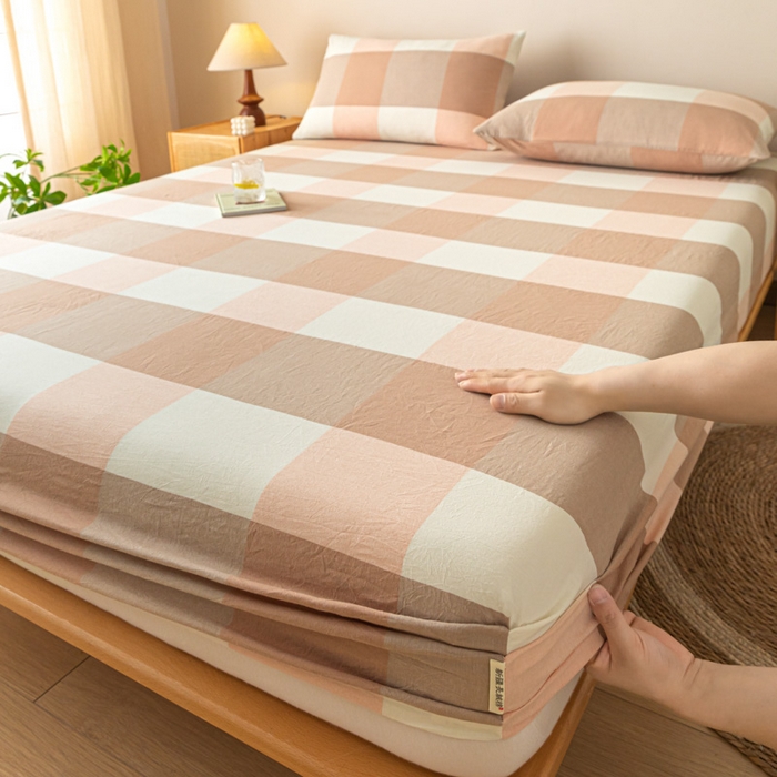 91家纺网 家纺一手货源 找家纺 卡伦家纺 2025全棉色织水洗棉单层床笠席梦思保护套 粉大格