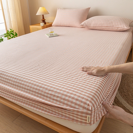 卡伦家纺 2025全棉色织水洗棉单层床笠席梦思保护套 粉小格