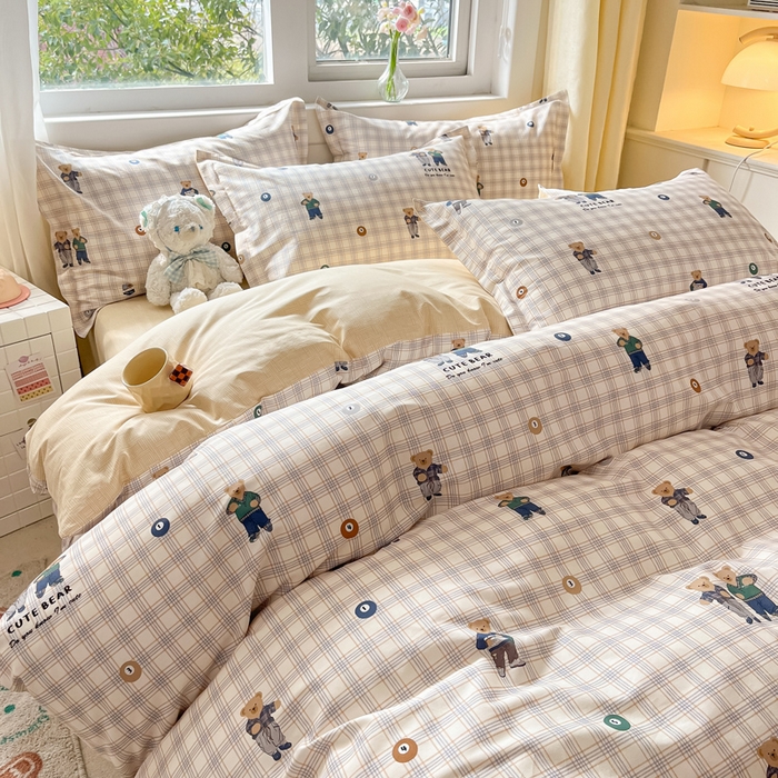 91家纺网 家纺一手货源 找家纺 2024新款全棉小清新印花单品套件--四件套 小熊乐园