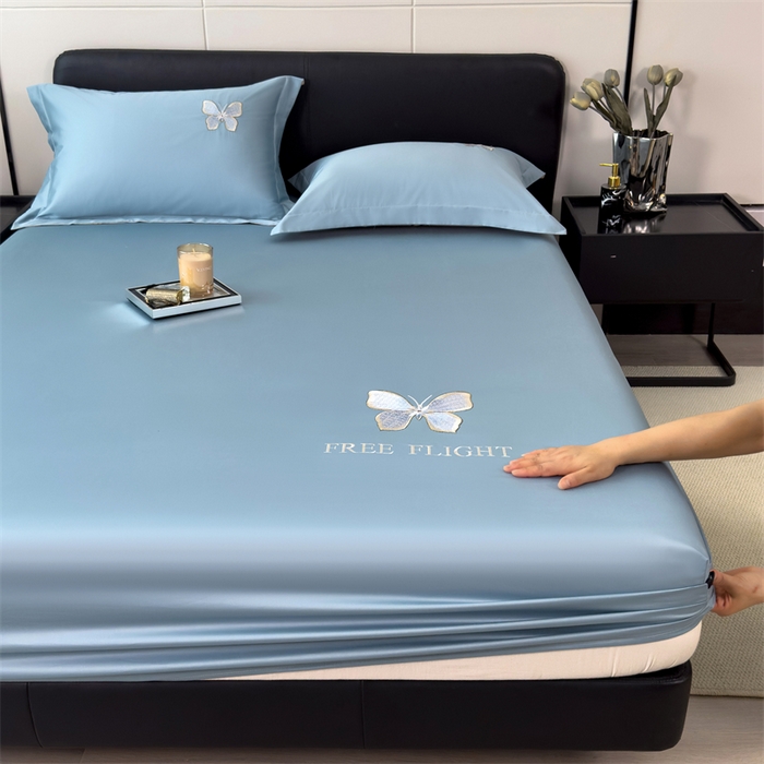 91家纺网 家纺一手货源 找家纺 鑫钰 2024秋冬新款全棉刺绣单层床笠单件枕套三件套-蝶舞 蝶舞-水平蓝