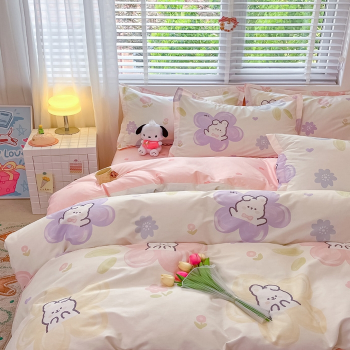 91家纺网 家纺一手货源 找家纺 2024新款全棉小清新印花单品套件--四件套 兔朵朵