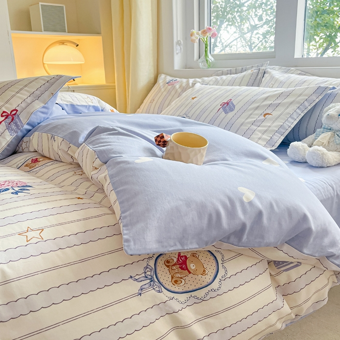 91家纺网 家纺一手货源 找家纺 2024新款全棉小清新印花单品套件--四件套 图蓝朵朵