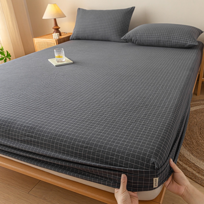 91家纺网 家纺一手货源 找家纺 卡伦家纺 2025全棉色织水洗棉单层床笠席梦思保护套 灰小方格