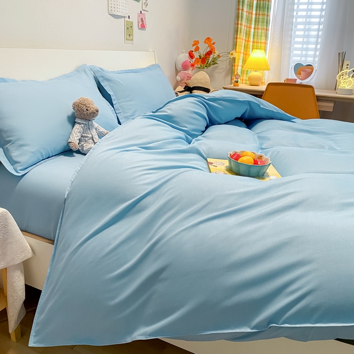 91家纺网 家纺一手货源 找家纺 悦织湾家纺 2025新款纯色床单款芦荟棉四件套 艾加蓝
