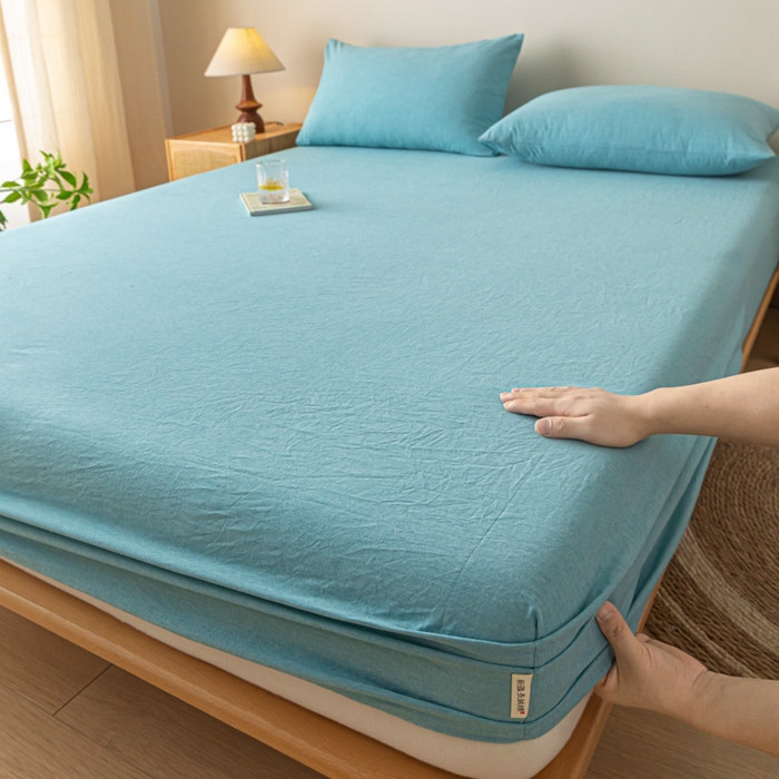 91家纺网 家纺一手货源 找家纺 卡伦家纺 2025全棉色织水洗棉单层床笠席梦思保护套 海兰青年