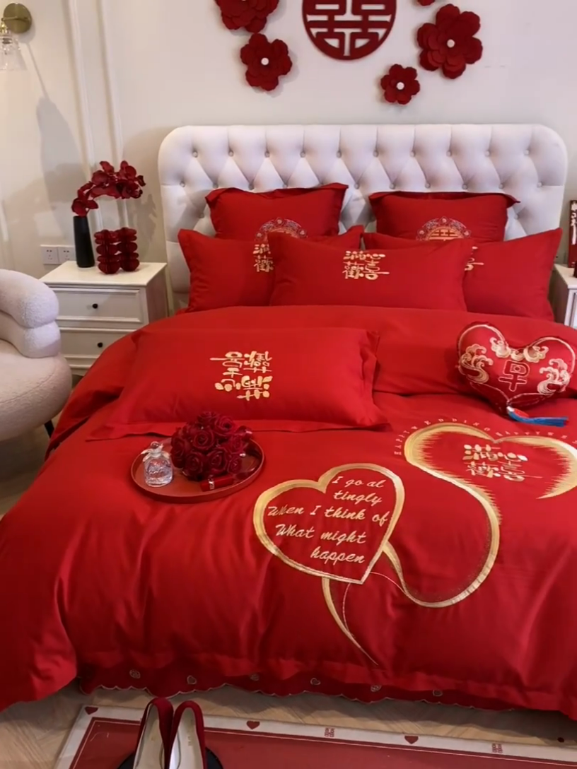 91家纺网 家纺一手货源 找家纺 玉雅家纺 2025新款玉雅时尚磨毛刺绣床单款系列婚庆套件 床单绣花款-怦然心动