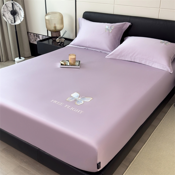 91家纺网 家纺一手货源 找家纺 鑫钰 2024秋冬新款全棉刺绣单层床笠单件枕套三件套-蝶舞 蝶舞-浅紫