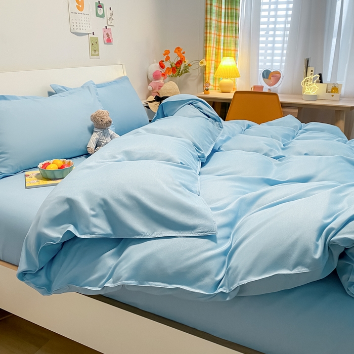 91家纺网 家纺一手货源 找家纺 悦织湾家纺 2025新款纯色床单款芦荟棉四件套 艾加蓝