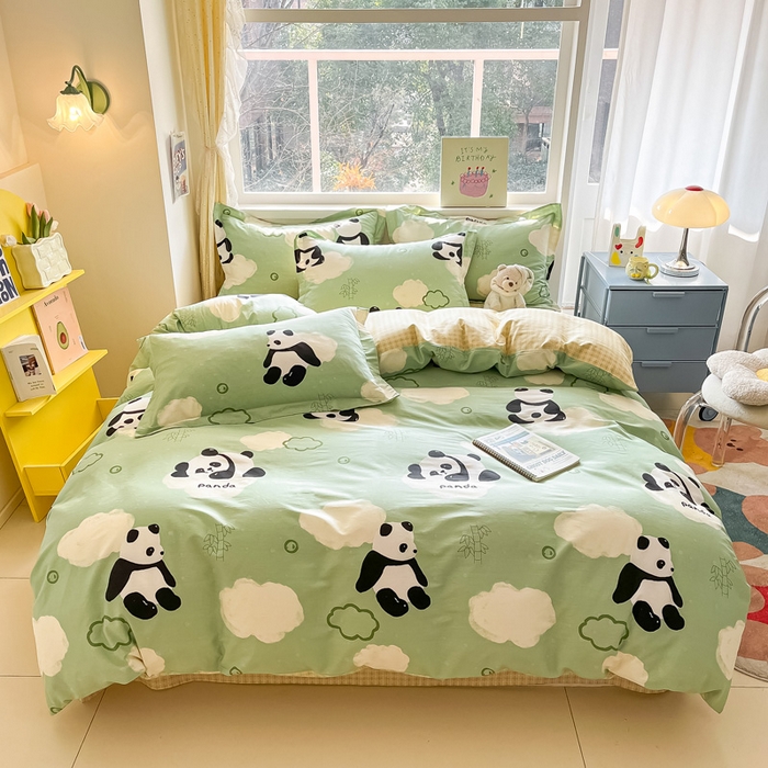 91家纺网 家纺一手货源 找家纺 2024新款全棉小清新印花单品套件--四件套 云影熊