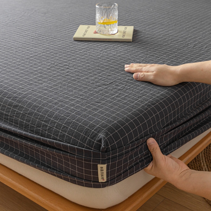 91家纺网 家纺一手货源 找家纺 卡伦家纺 2025全棉色织水洗棉单层床笠席梦思保护套 灰小方格