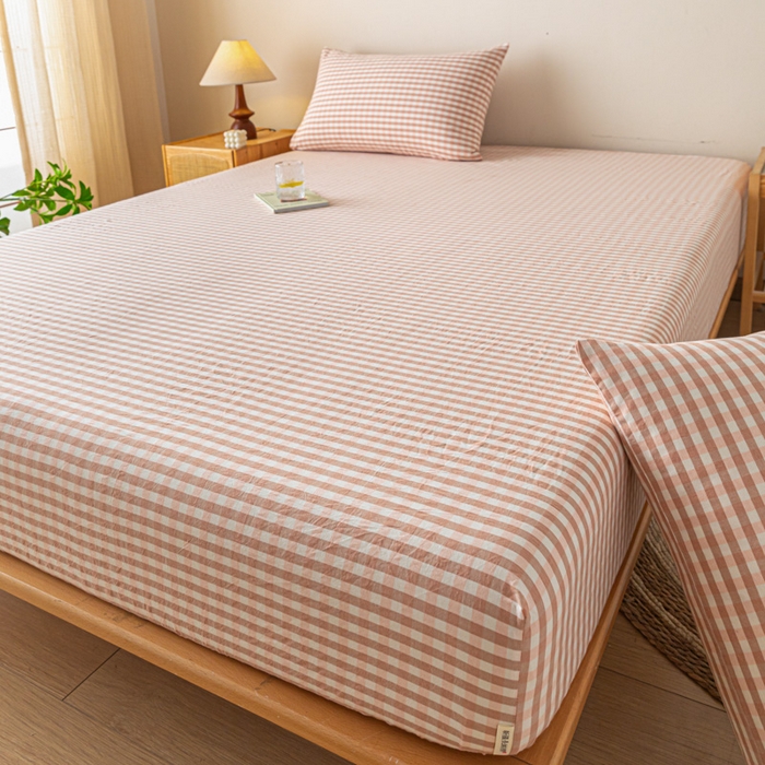 91家纺网 家纺一手货源 找家纺 卡伦家纺 2025全棉色织水洗棉单层床笠席梦思保护套 粉小格