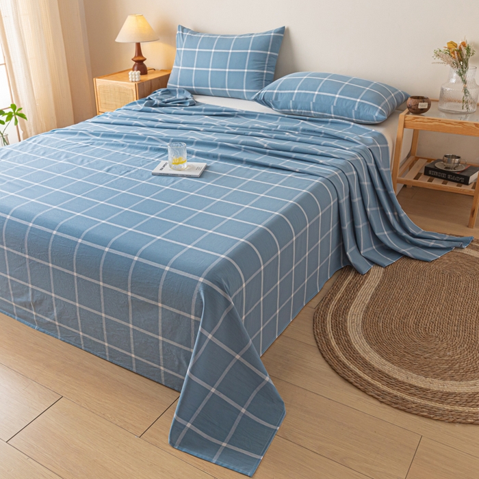 91家纺网 家纺一手货源 找家纺 卡伦家纺 2025新款全棉色织水洗棉床单学生宿舍单人双人床单系列蓝灰中格