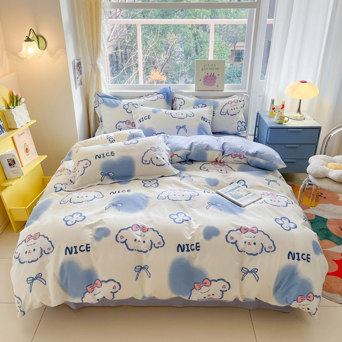 91家纺网 家纺一手货源 找家纺 2024新款全棉小清新印花单品套件--四件套 玉桂兔