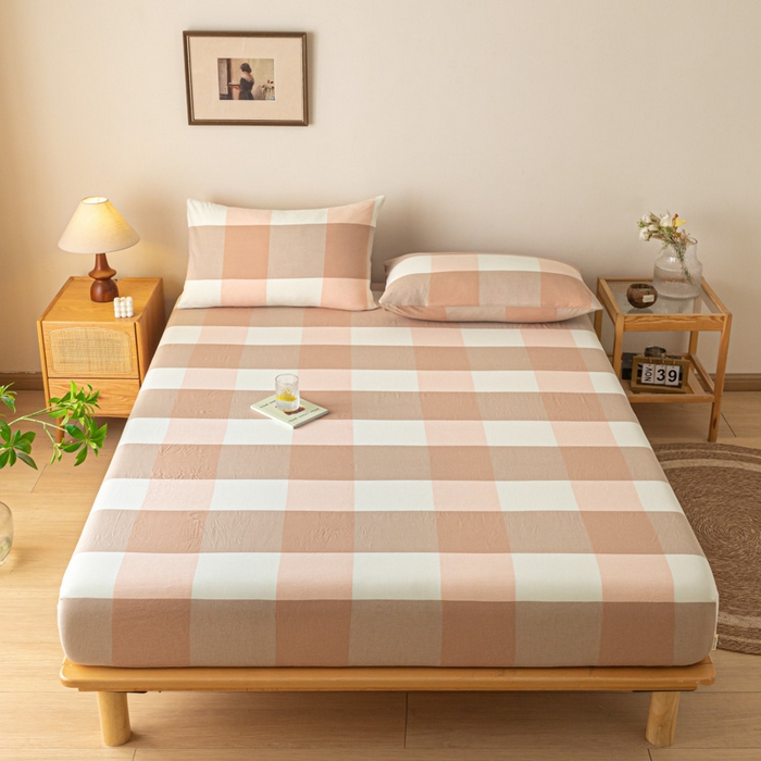 91家纺网 家纺一手货源 找家纺 卡伦家纺 2025全棉色织水洗棉单层床笠席梦思保护套 粉大格