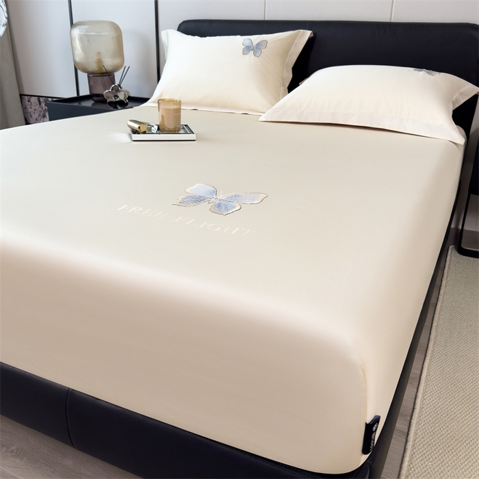 91家纺网 家纺一手货源 找家纺 鑫钰 2024秋冬新款全棉刺绣单层床笠单件枕套三件套-蝶舞 蝶舞-奶昔白