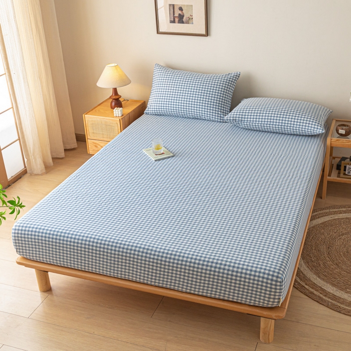 91家纺网 家纺一手货源 找家纺 卡伦家纺 2025全棉色织水洗棉单层床笠席梦思保护套 浅蓝小格