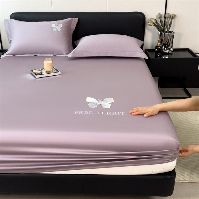 91家纺网 家纺一手货源 找家纺 鑫钰 2024秋冬新款全棉刺绣单层床笠单件枕套三件套-蝶舞 蝶舞-紫灰