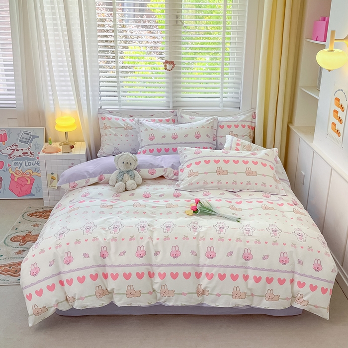 91家纺网 家纺一手货源 找家纺 2024新款全棉小清新印花单品套件--四件套 小兔念念