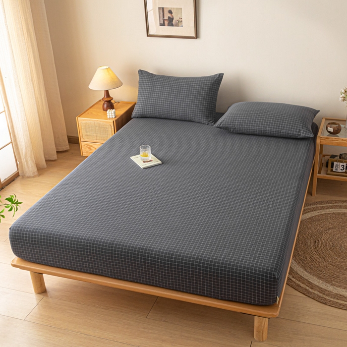 91家纺网 家纺一手货源 找家纺 卡伦家纺 2025全棉色织水洗棉单层床笠席梦思保护套 灰小方格