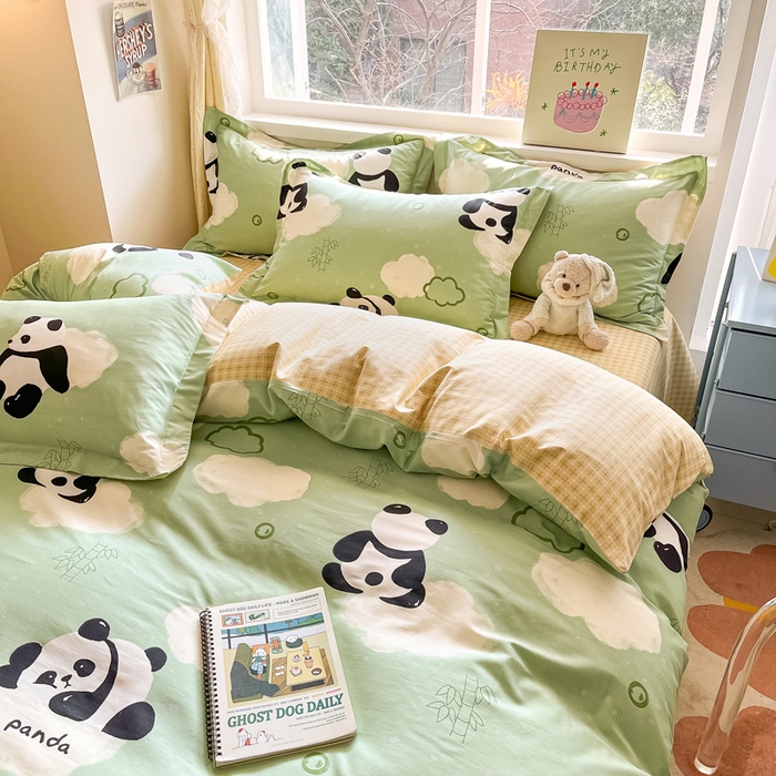 91家纺网 家纺一手货源 找家纺 2024新款全棉小清新印花单品套件--四件套 云影熊