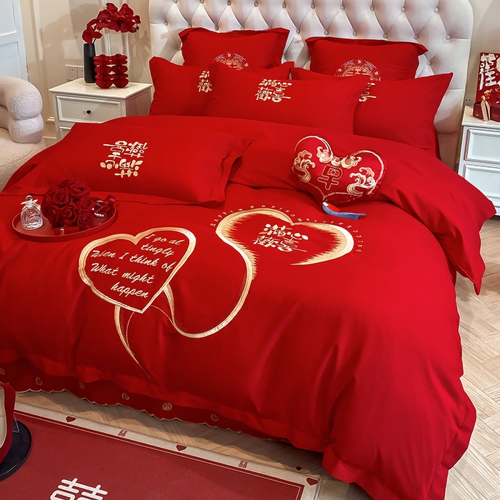 91家纺网 家纺一手货源 找家纺 玉雅家纺 2025新款玉雅时尚磨毛刺绣床单款系列婚庆套件 床单绣花款-怦然心动