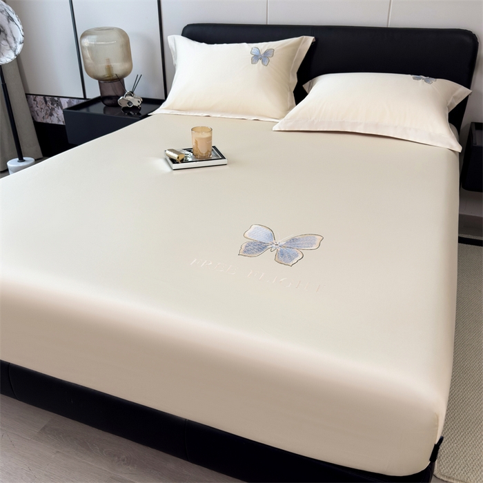 91家纺网 家纺一手货源 找家纺 鑫钰 2024秋冬新款全棉刺绣单层床笠单件枕套三件套-蝶舞 蝶舞-奶昔白