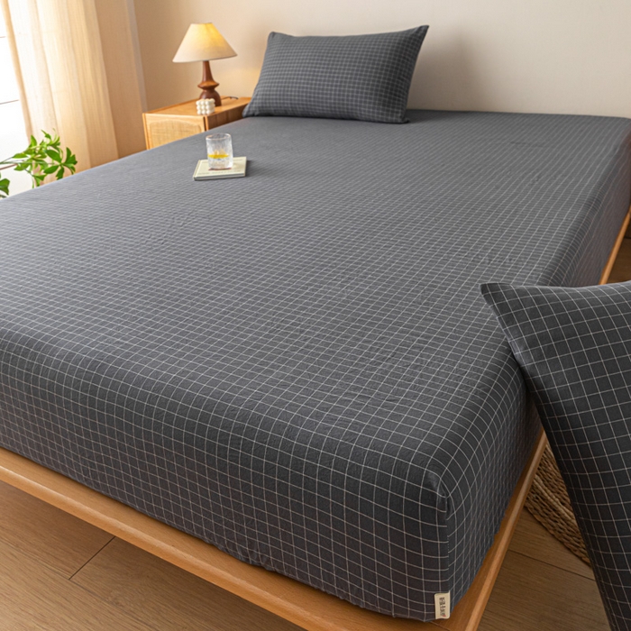 91家纺网 家纺一手货源 找家纺 卡伦家纺 2025全棉色织水洗棉单层床笠席梦思保护套 灰小方格
