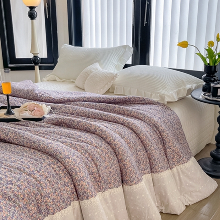 91家纺网 家纺一手货源 找家纺 莱豫家纺 2024新款法式复古针织花边夏被春秋被 紫梦