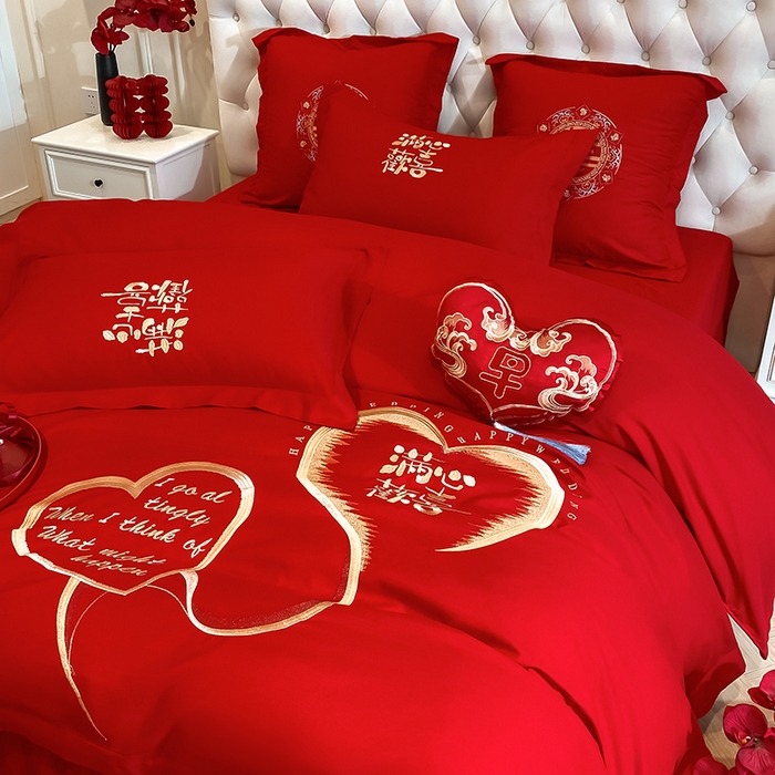 91家纺网 家纺一手货源 找家纺 玉雅家纺 2025新款玉雅时尚磨毛刺绣床单款系列婚庆套件 床单绣花款-怦然心动