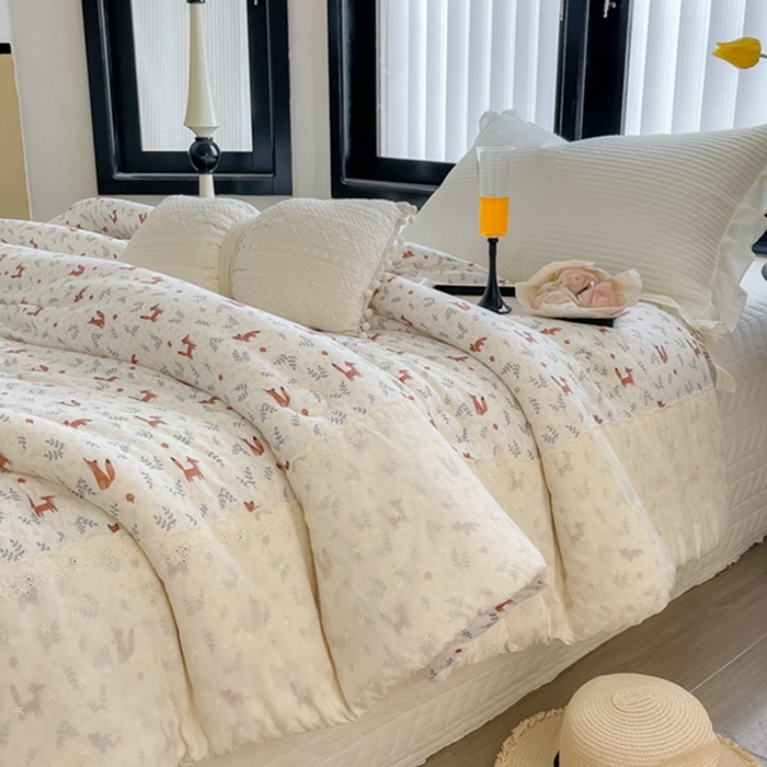 91家纺网 家纺一手货源 找家纺 莱豫家纺 2024新款法式复古针织花边夏被春秋被 小狐狸