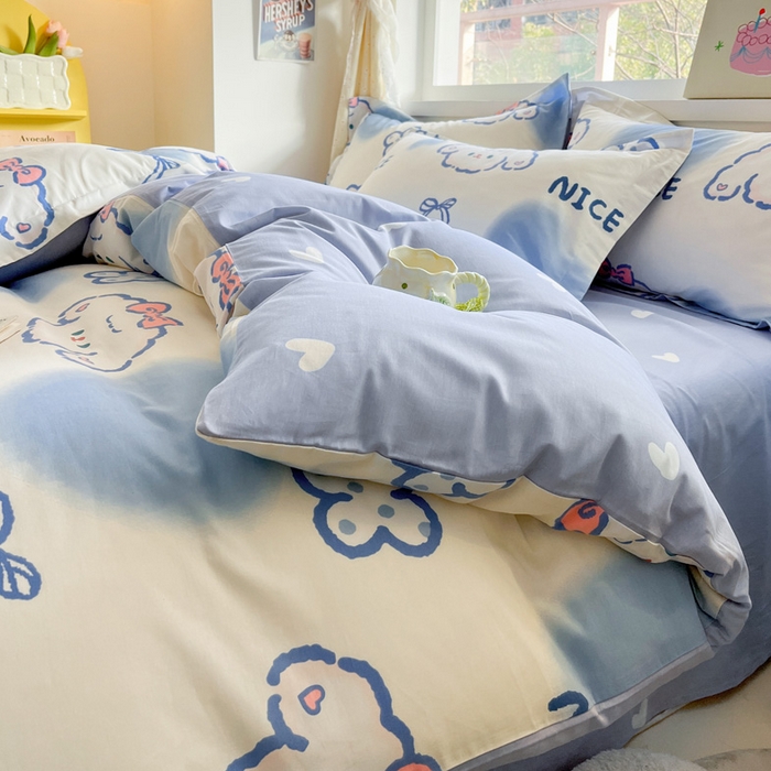 91家纺网 家纺一手货源 找家纺 2024新款全棉小清新印花单品套件--四件套 玉桂兔