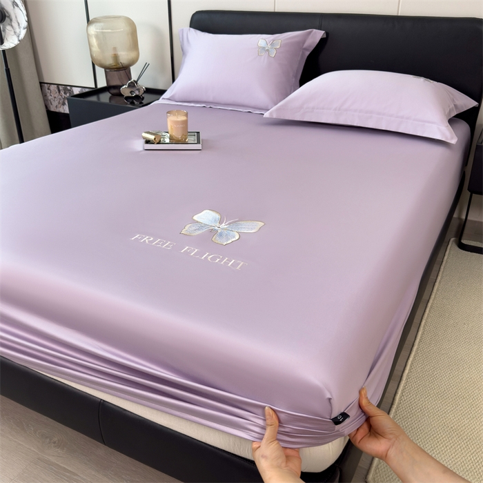 91家纺网 家纺一手货源 找家纺 鑫钰 2024秋冬新款全棉刺绣单层床笠单件枕套三件套-蝶舞 蝶舞-浅紫