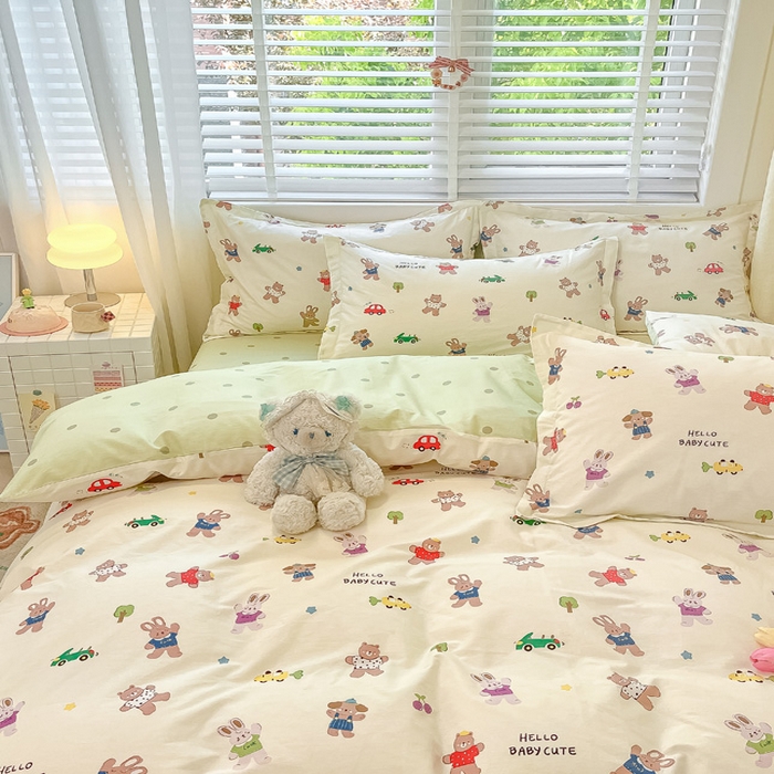 91家纺网 家纺一手货源 找家纺 2024新款全棉小清新印花单品套件--四件套 森岛精灵