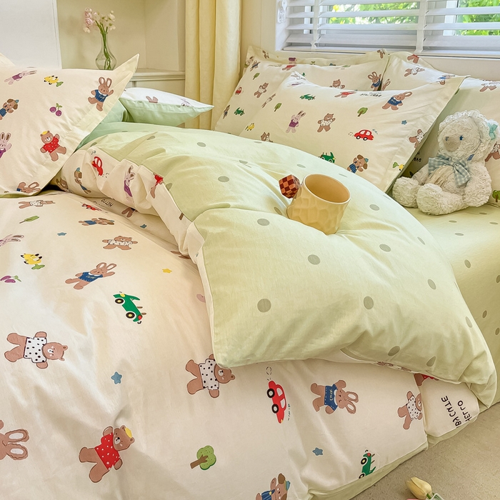 91家纺网 家纺一手货源 找家纺 2024新款全棉小清新印花单品套件--四件套 森岛精灵