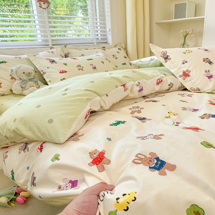 91家纺网 家纺一手货源 找家纺 2024新款全棉小清新印花单品套件--四件套 森岛精灵